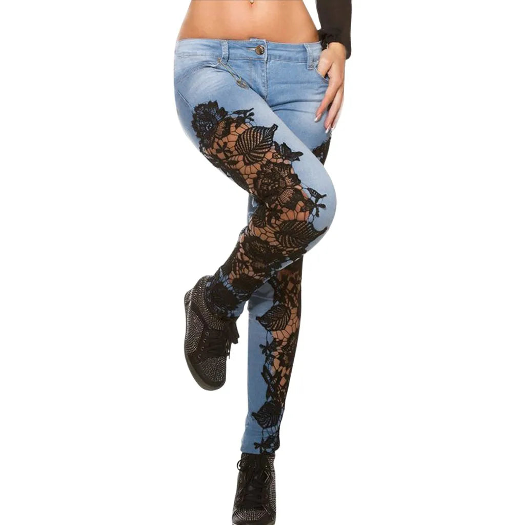 Hollow Out Floral Lace Pants Womens Low Waist Slim Pencil Denim Jeans Women's Lifts Buttock Jeans Ladies Large Size Pants