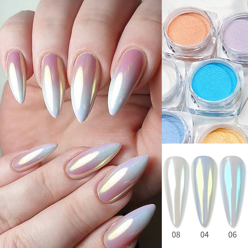 White Pearl Nail Powder Glitter Wedding Bride Nail Design Aurora Rubbing Dust Effect Fairy Powder Polish Flake