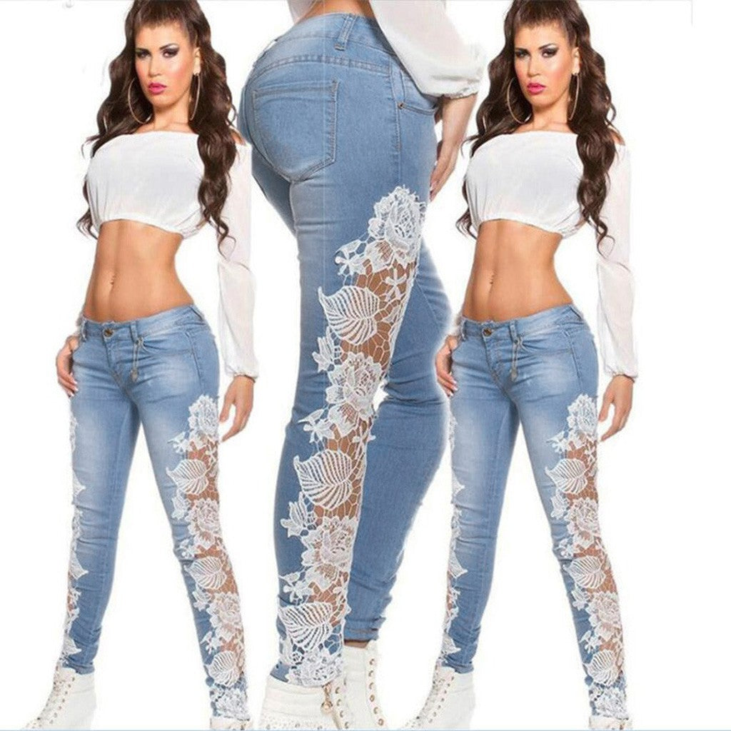 Hollow Out Floral Lace Pants Womens Low Waist Slim Pencil Denim Jeans Women's Lifts Buttock Jeans Ladies Large Size Pants