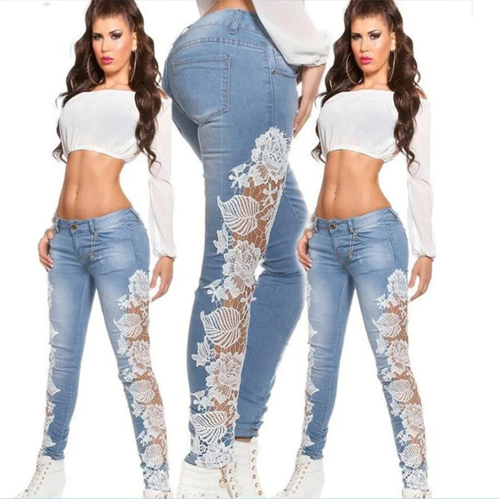 Hollow Out Floral Lace Pants Womens Low Waist Slim Pencil Denim Jeans Women's Lifts Buttock Jeans Ladies Large Size Pants