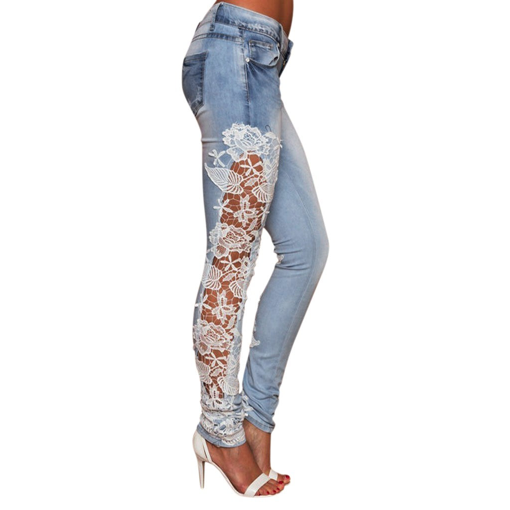 Hollow Out Floral Lace Pants Womens Low Waist Slim Pencil Denim Jeans Women's Lifts Buttock Jeans Ladies Large Size Pants