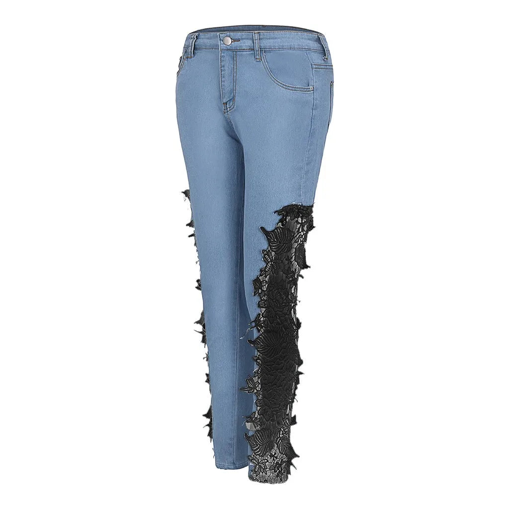 Hollow Out Floral Lace Pants Womens Low Waist Slim Pencil Denim Jeans Women's Lifts Buttock Jeans Ladies Large Size Pants