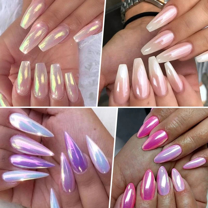 White Pearl Nail Powder Glitter Wedding Bride Nail Design Aurora Rubbing Dust Effect Fairy Powder Polish Flake