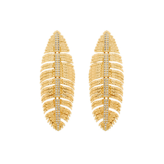 Brinco Dourado de Pena Cravejado de Zircônia