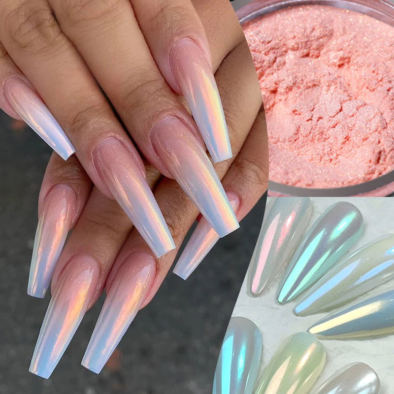 White Pearl Nail Powder Glitter Wedding Bride Nail Design Aurora Rubbing Dust Effect Fairy Powder Polish Flake