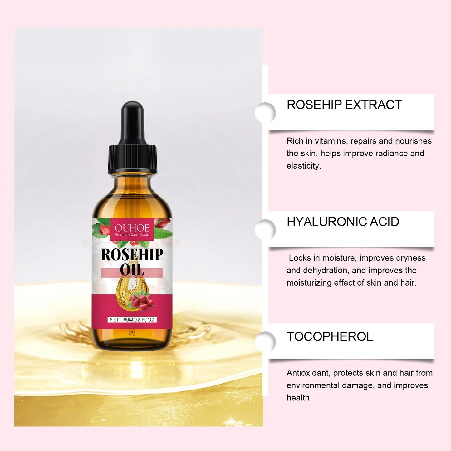 Organic Rosehip Oil Antioxidant Improve Fine Lines Wrinkles Firming Lifting Repair Moisturizer Nourish Smooth Hair Skin Care Oil